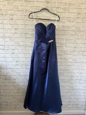 Navy Strapless Satin Evening Gown with Waist Jewel